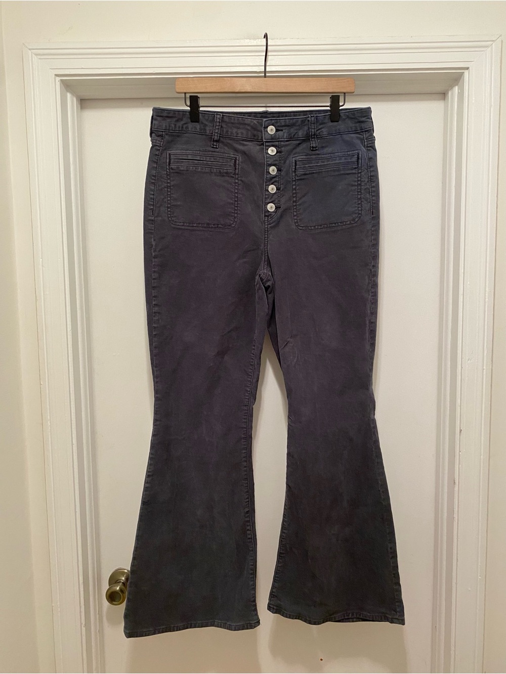 American Eagle Super High Rise Flare Corduroy Pants Charcoal Grey size 14
